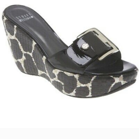 STUART Weitzman clipper giraffe print wedge slides sandals Black white leather - Picture 1 of 11